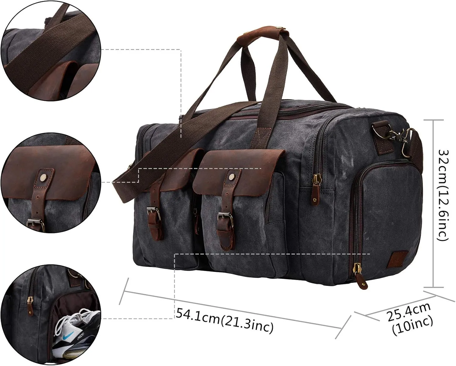 Waxed Canvas Vintage Overnight Duffel Weekend Travel Bag Waterproof For Men Women with Shoes Compartment (Grey)