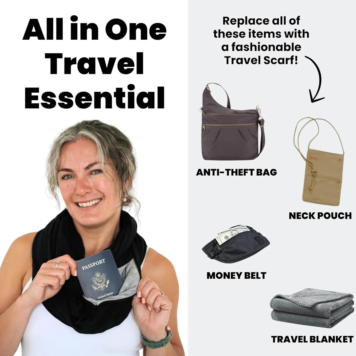 WAYPOINT GOODS Infinity Travel Scarf Hidden Zipper Pocket for Women Airplane - Lightweight Cotton Bamboo - Travel Essentials