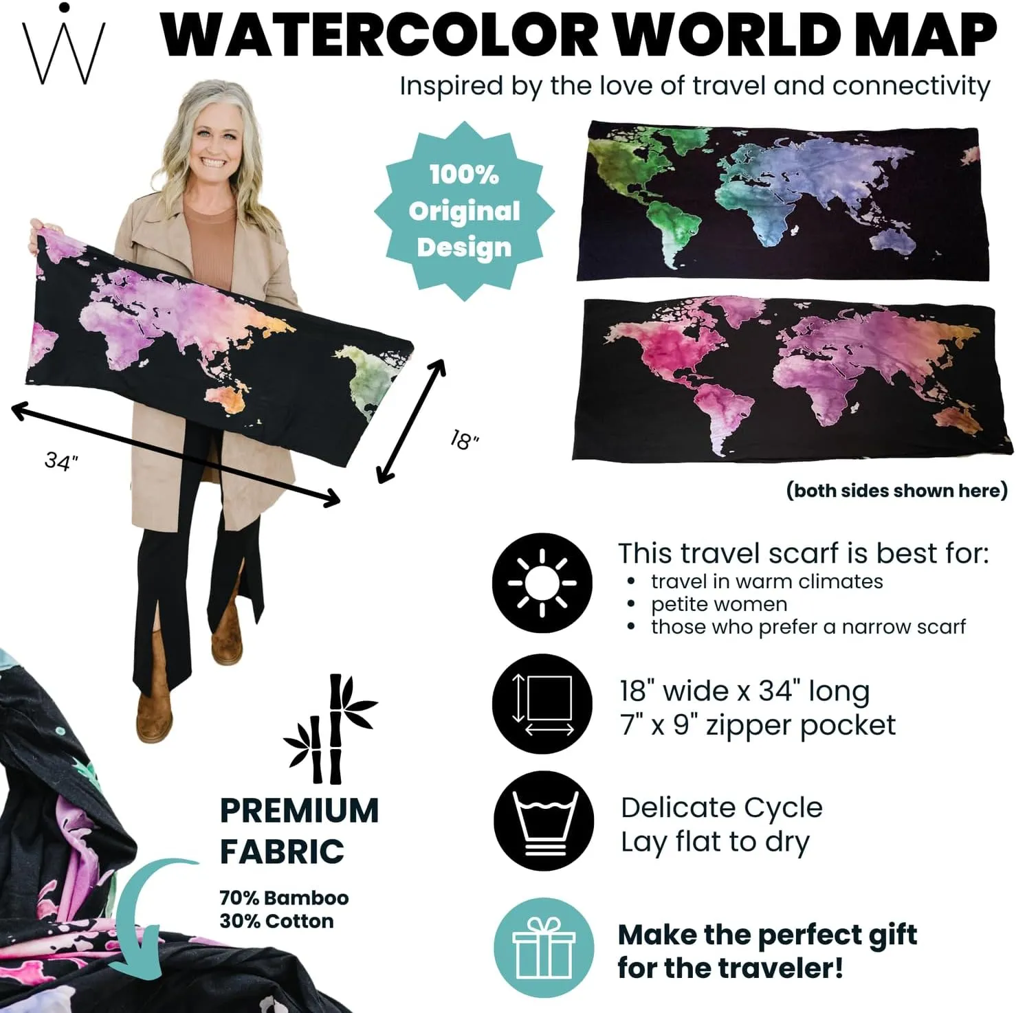 WAYPOINT GOODS Infinity Travel Scarf Hidden Zipper Pocket for Women Airplane - Lightweight Cotton Bamboo - Travel Essentials