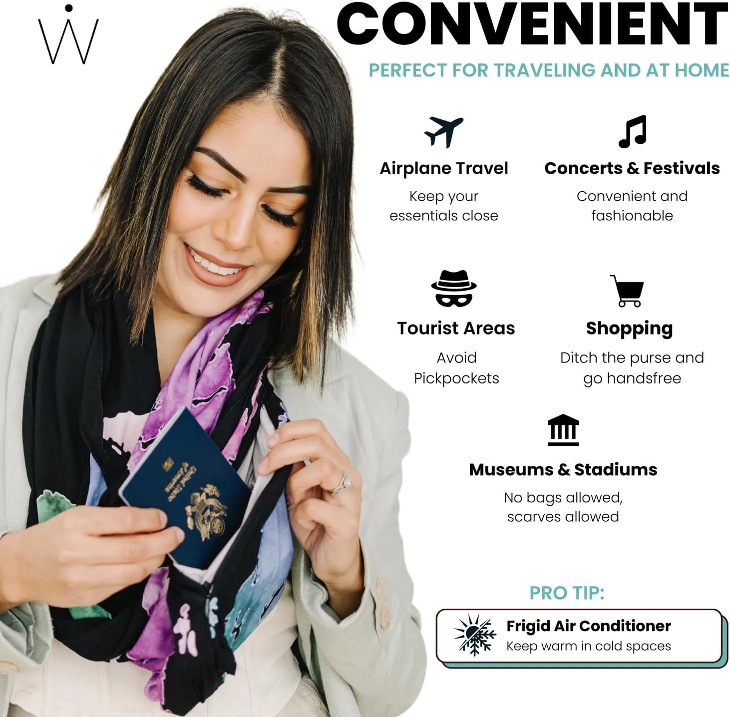 WAYPOINT GOODS Infinity Travel Scarf Hidden Zipper Pocket for Women Airplane - Lightweight Cotton Bamboo - Travel Essentials