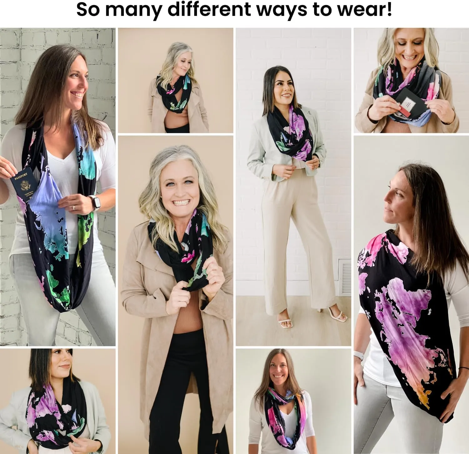 WAYPOINT GOODS Infinity Travel Scarf Hidden Zipper Pocket for Women Airplane - Lightweight Cotton Bamboo - Travel Essentials