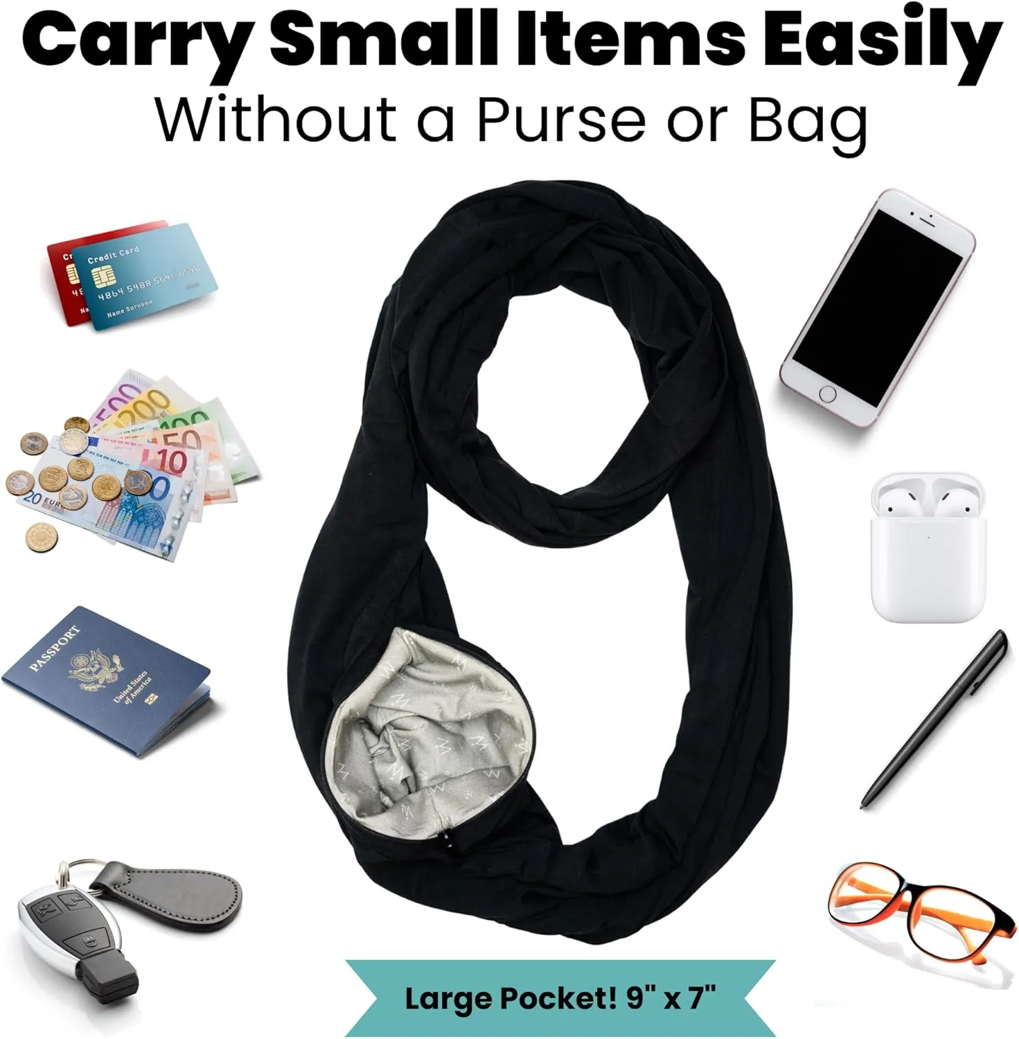WAYPOINT GOODS Infinity Travel Scarf Hidden Zipper Pocket for Women Airplane - Lightweight Cotton Bamboo - Travel Essentials