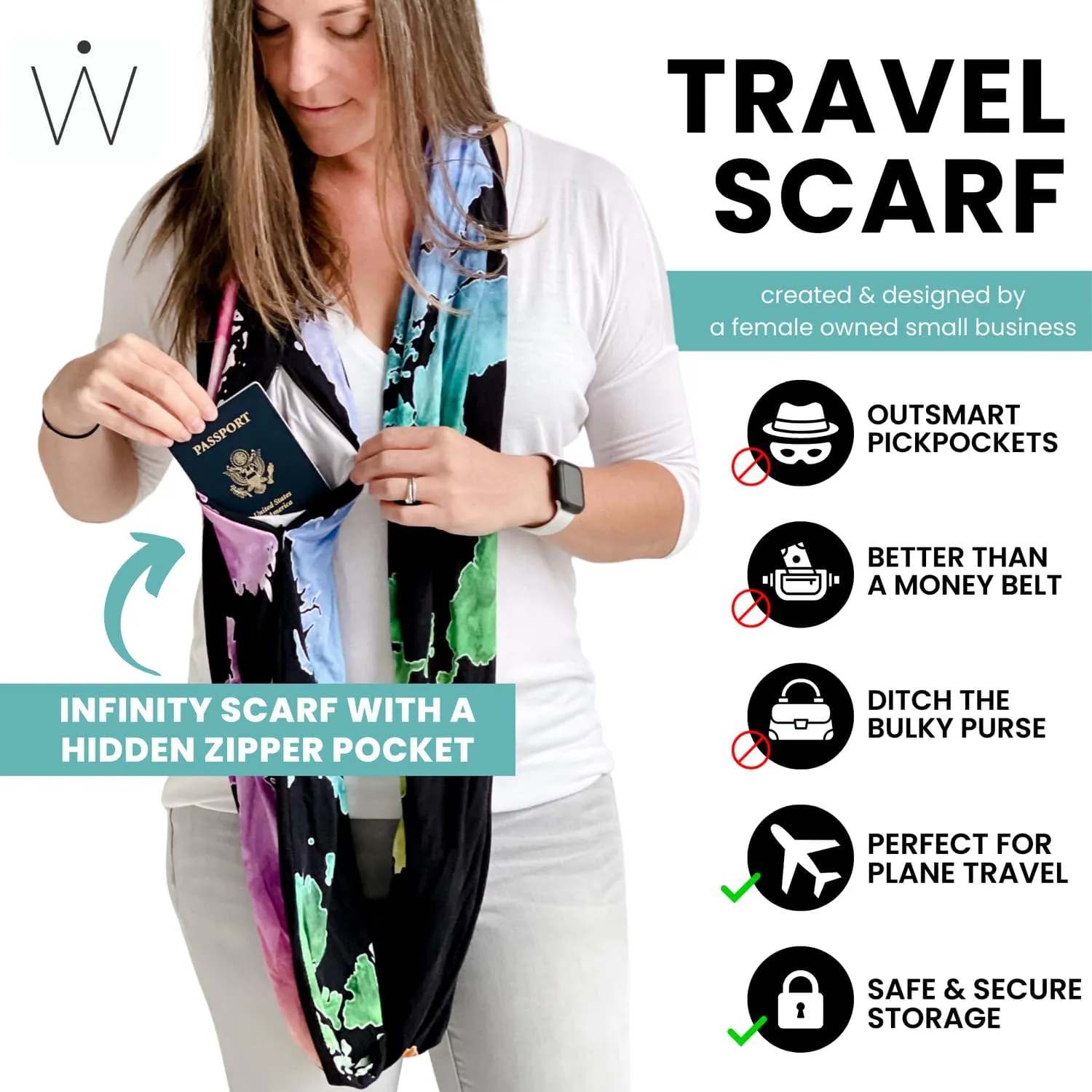 WAYPOINT GOODS Infinity Travel Scarf Hidden Zipper Pocket for Women Airplane - Lightweight Cotton Bamboo - Travel Essentials