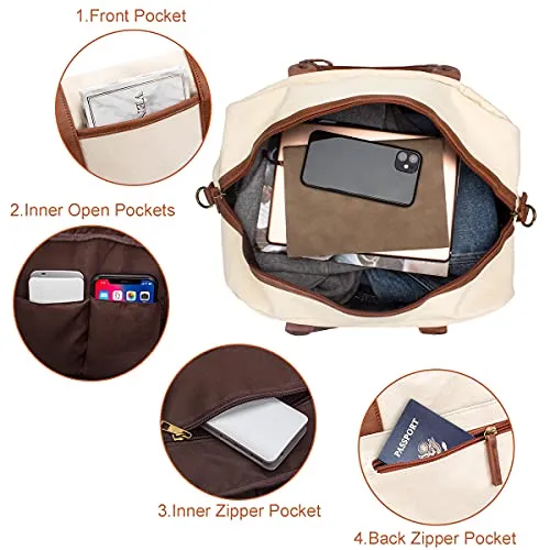 Weekender Bag for Women Canvas Overnight Bag Large Travel Bags for Women Carry on Shoulder Duffle Bag With Shoe Compartment,Perfect for Travel/Daily Use/Birthday Gift (Beige)
