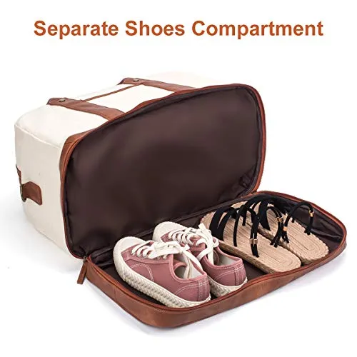 Weekender Bag for Women Canvas Overnight Bag Large Travel Bags for Women Carry on Shoulder Duffle Bag With Shoe Compartment,Perfect for Travel/Daily Use/Birthday Gift (Beige)