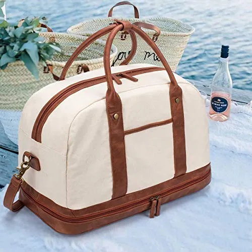 Weekender Bag for Women Canvas Overnight Bag Large Travel Bags for Women Carry on Shoulder Duffle Bag With Shoe Compartment,Perfect for Travel/Daily Use/Birthday Gift (Beige)