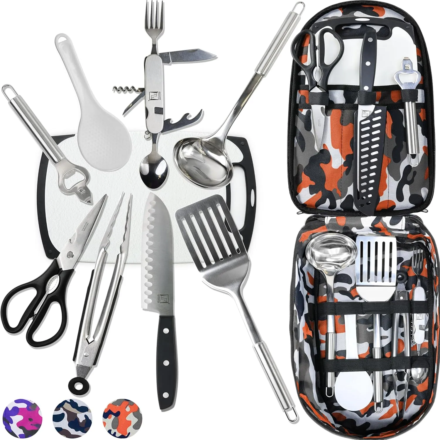Wellmax 10-Piece Stainless Steel Camping Cooking Set – Compact All-in-One Cookware Kit with Utensils & Travel Bag for Campers, Hikers, Outdoor Adventures, Orange Camo Color