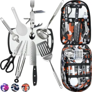 Wellmax 10-Piece Stainless Steel Camping Cooking Set – Compact All-in-One Cookware Kit with Utensils & Travel Bag for Campers, Hikers, Outdoor Adventures, Orange Camo Color