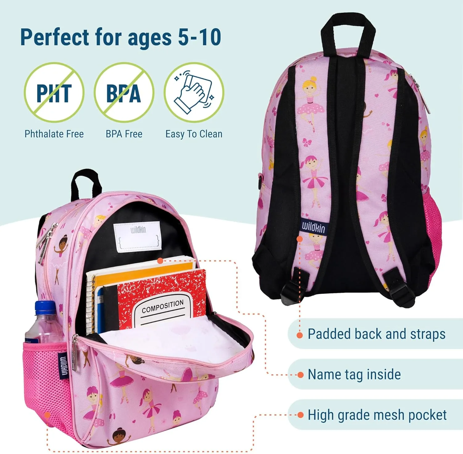 Wildkin 15-inch Kids Backpack – Durable, Padded, Adjustable for School & Travel - Ballerina