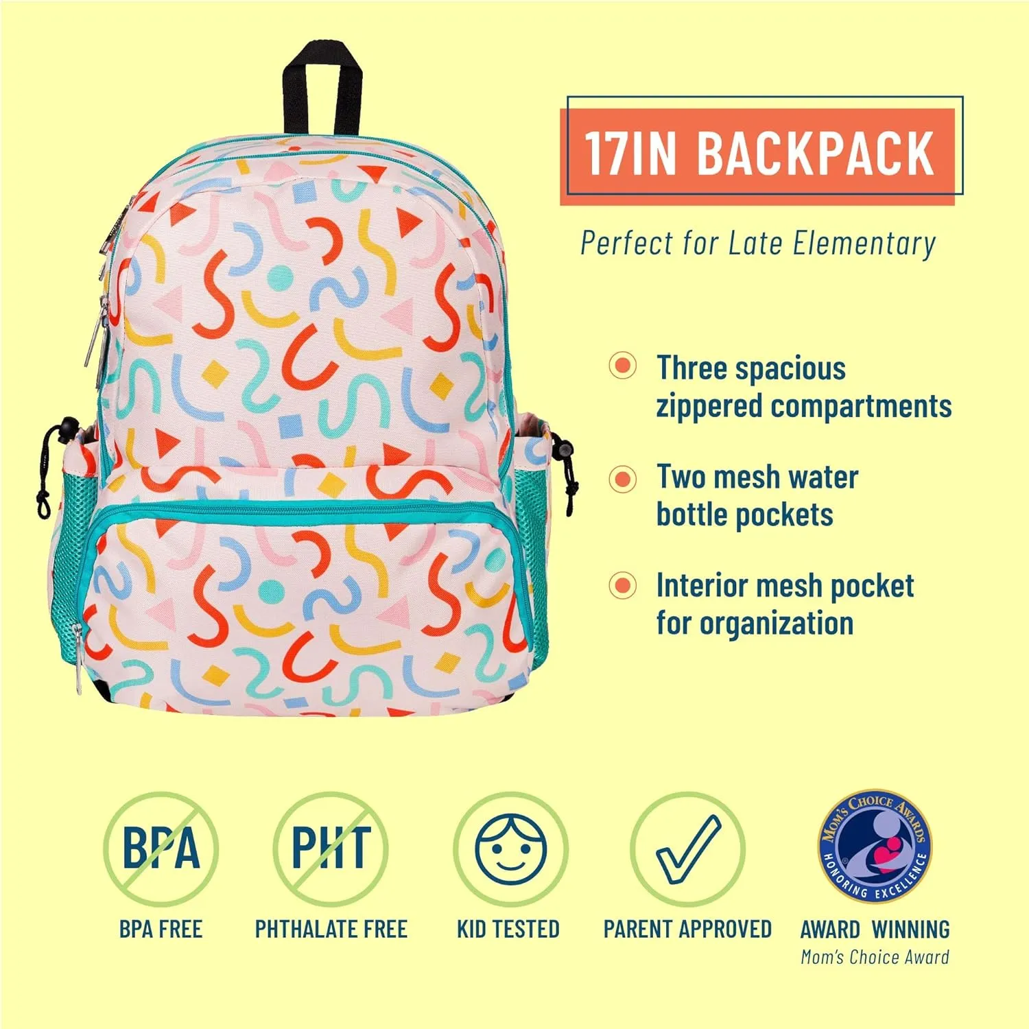 Wildkin 17-inch Kids Backpack – Durable, Lightweight School Bag for Boys & Girls - Confetti Peach