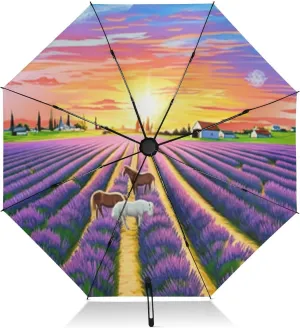 Windproof Travel Umbrella, Auto Open Close, Compact Umbrella for Purse, Backpack Purse Portable, Ideal for Women, Sunset Lavender Fields Horses