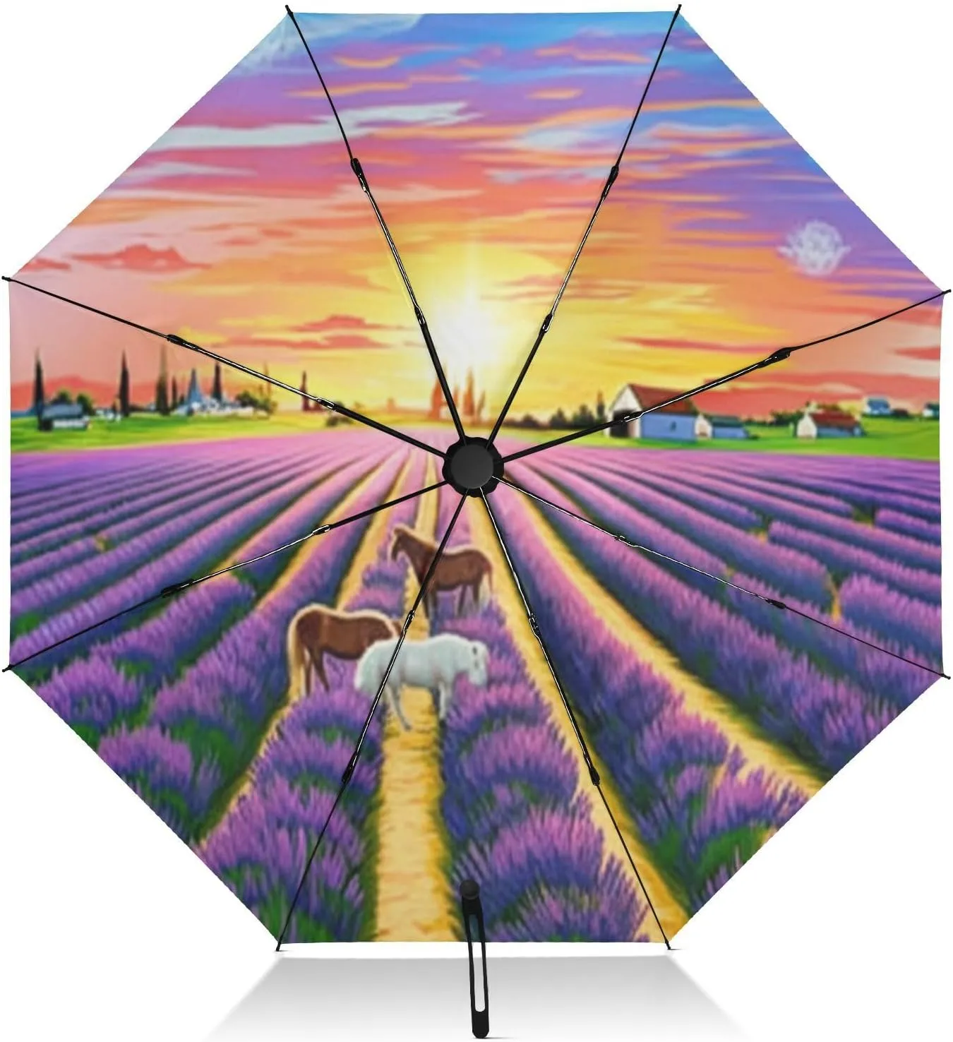 Windproof Travel Umbrella, Auto Open Close, Compact Umbrella for Purse, Backpack Purse Portable, Ideal for Women, Sunset Lavender Fields Horses