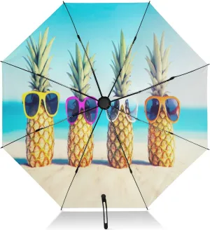 Windproof Travel Umbrella, Auto Open Close, Umbrellas for Rain Compact, Backpack Purse Portable, Ideal for Women, Cute Funny Beach Pineapples