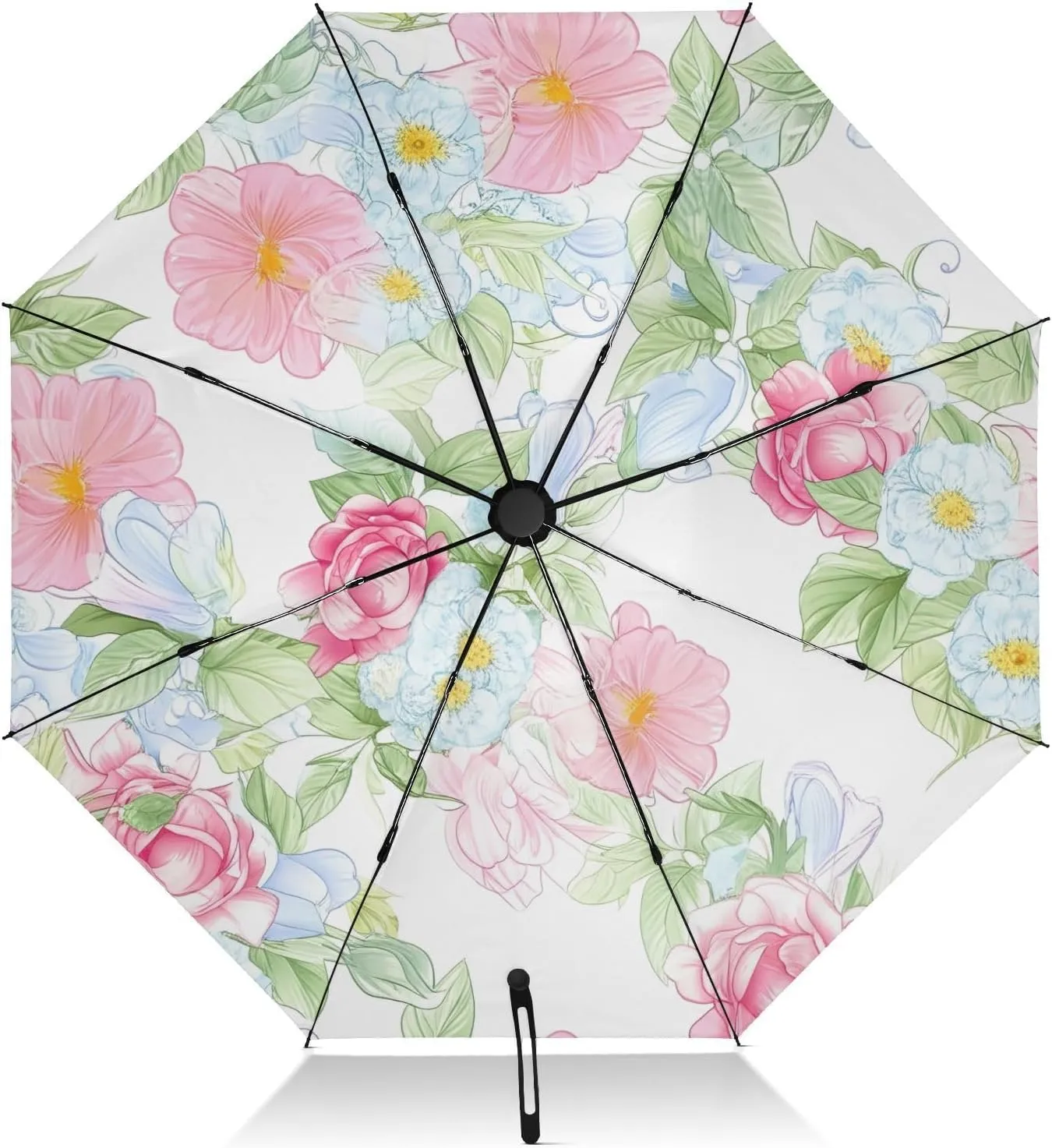 Windproof Travel Umbrella, Auto Open Close, Umbrelllas for Rain Compact, Backpack Purse Portable, Ideal for Women, Blue Pink Flowers White