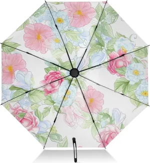 Windproof Travel Umbrella, Auto Open Close, Umbrelllas for Rain Compact, Backpack Purse Portable, Ideal for Women, Blue Pink Flowers White