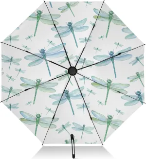 Windproof Travel Umbrella, Collapsible Umbrella Compact Travel, Auto Open Close, Backpack Purse Portable, Ideal for Women, Blue Green Dragonflies
