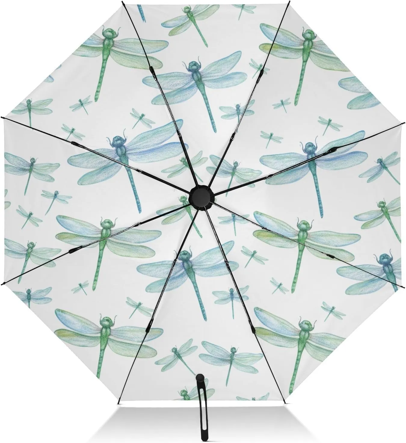 Windproof Travel Umbrella, Collapsible Umbrella Compact Travel, Auto Open Close, Backpack Purse Portable, Ideal for Women, Blue Green Dragonflies