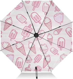 Windproof Travel Umbrella, Compact Umbrella, Auto Open Close, Backpack Purse Portable, Ideal for Women, Cute Pink Ice Cream