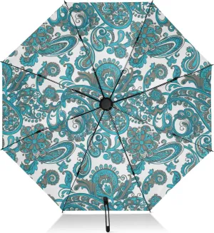 Windproof Travel Umbrella, Folding Umbrella, Auto Open Close, Backpack Purse Portable, Ideal for Women, Blue Green Paisley Flroal