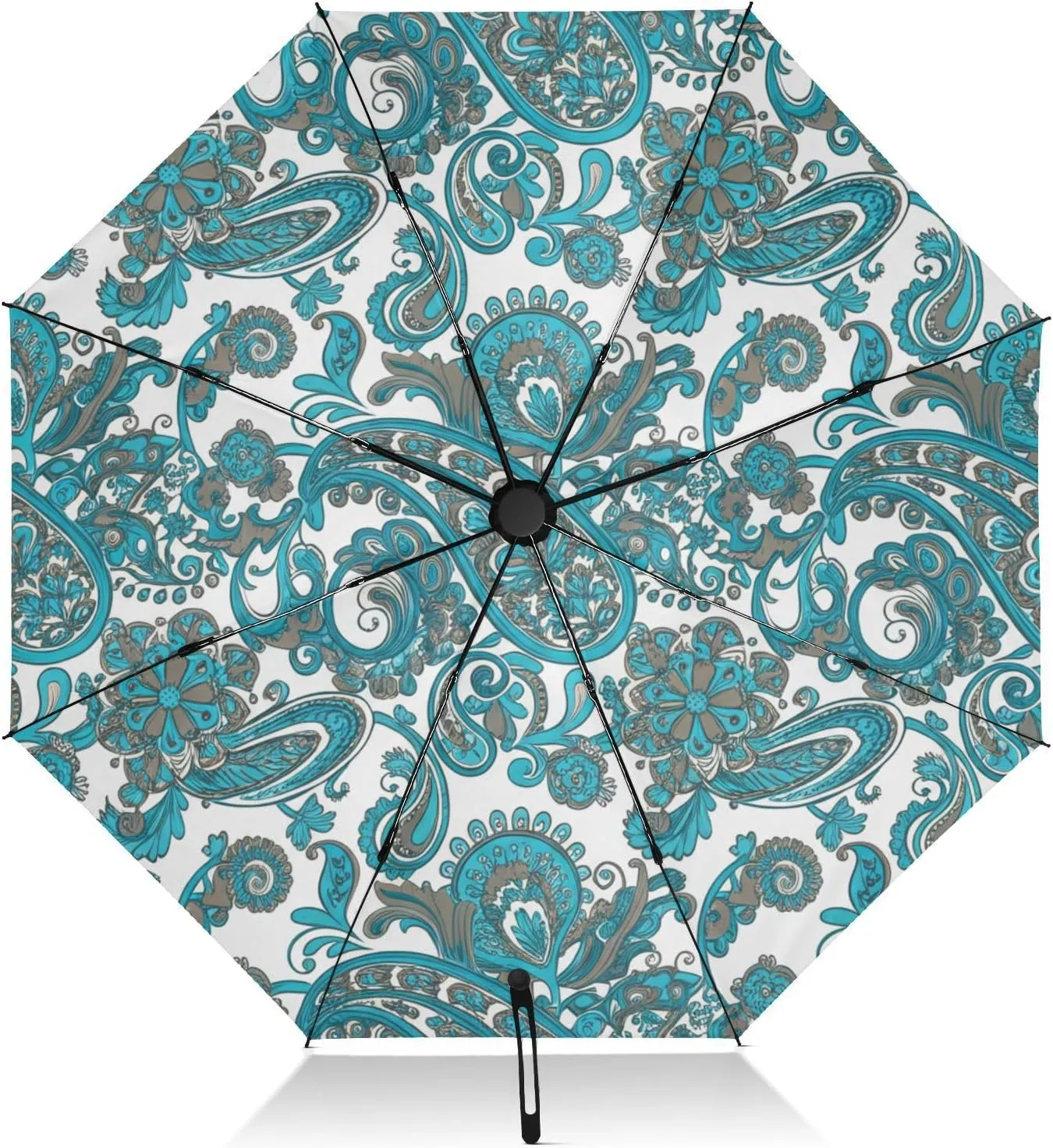 Windproof Travel Umbrella, Folding Umbrella, Auto Open Close, Backpack Purse Portable, Ideal for Women, Blue Green Paisley Flroal