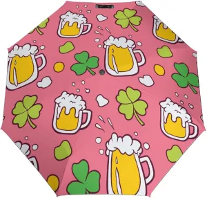 Windproof Travel Umbrellas for Rain,Beer Clover Pink Cute Durable & Compact Umbrella-Waterproof Canopy for Backpack, Purse, Portable, Umbrella for Travel