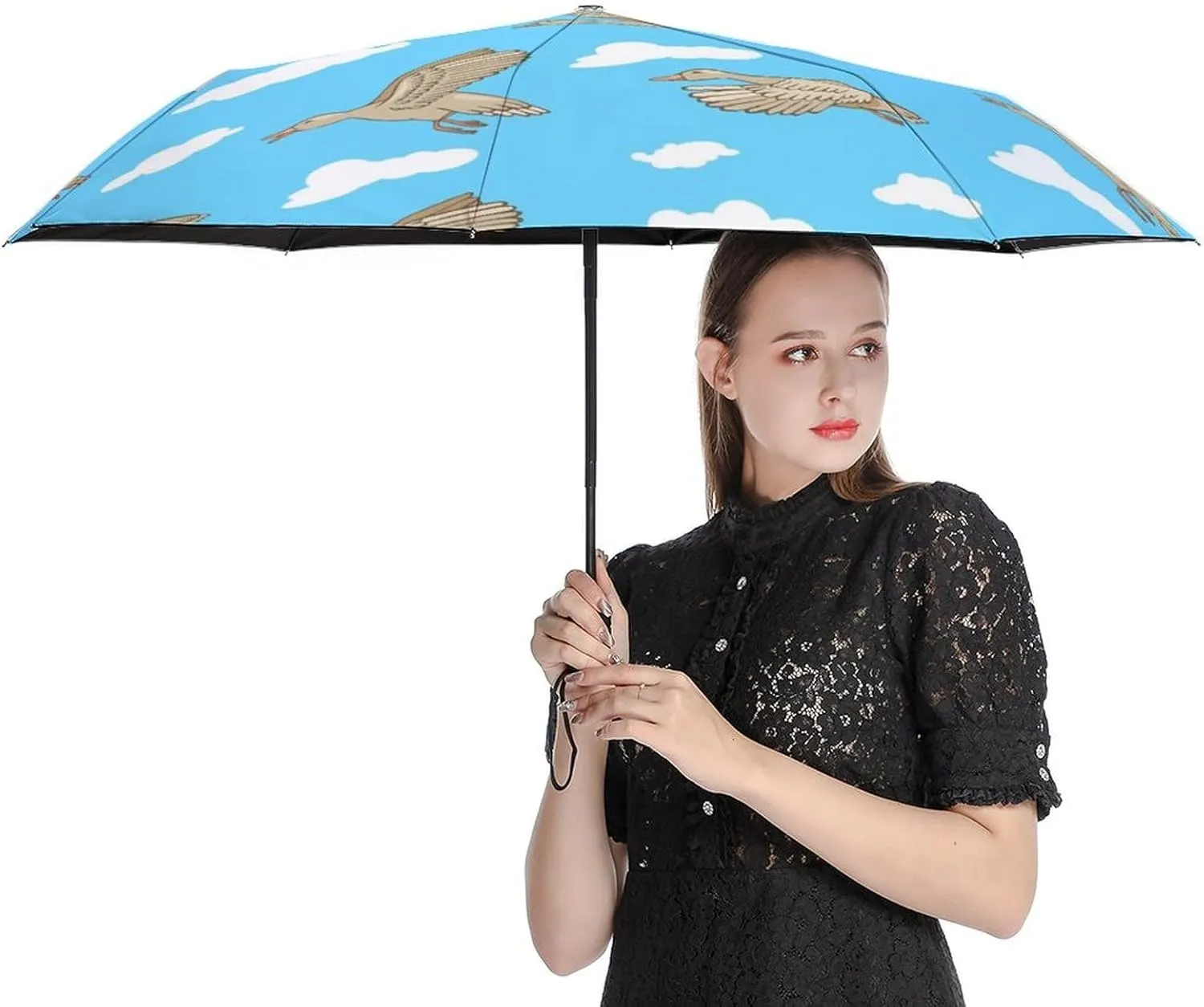 Windproof Travel Umbrellas for Rain,Cartoon Birds Hearts Notes Durable & Compact Umbrella-Waterproof Canopy for Backpack, Purse, Portable, Umbrella for Travel