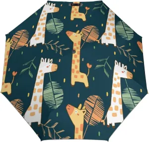 Windproof Travel Umbrellas for Rain,Cartoon Giraffe Cute Leaf Durable & Compact Umbrella-Waterproof Canopy for Backpack, Purse, Portable, Umbrella for Travel