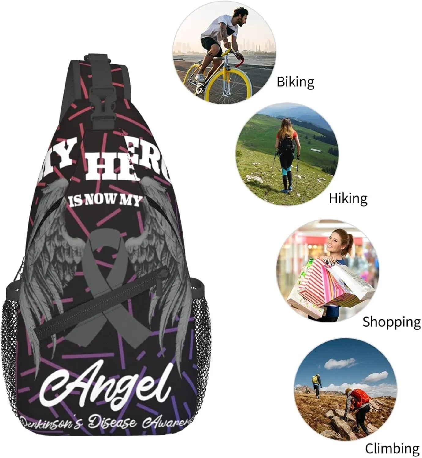 Wings Angel Parkinson'S Disease Awareness Crossbody Backpack Chest Shoulder Bag Lightweight One Strap Travel Hiking Daypack
