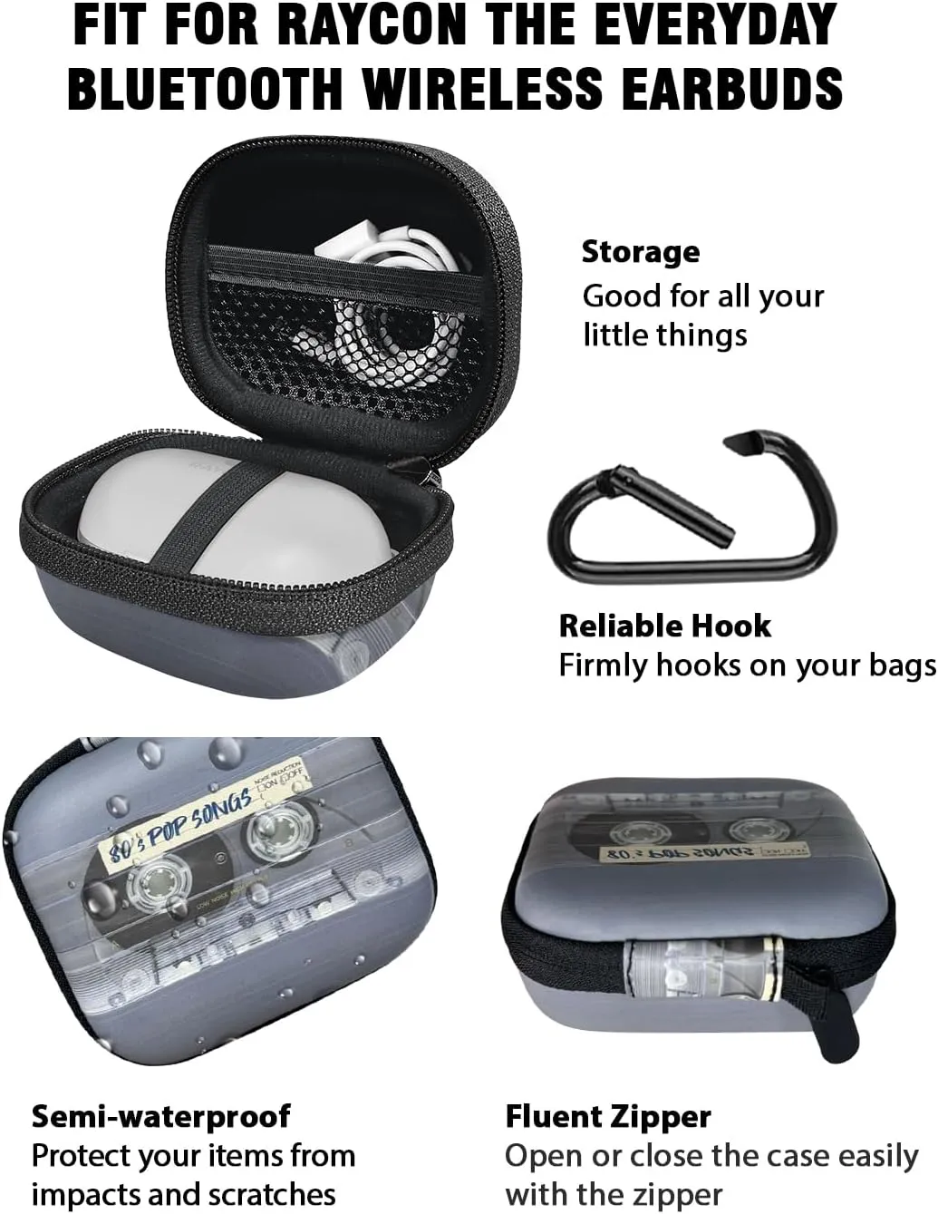 WIRESTER Portable Headphone Case, Earphone Storage Bag Carrying Case, Earbud Holder with Carabiner Compatible with Raycon Fitness Bluetooth True Wireless Earbuds - Retro Clear Cassette Tape Pop Songs