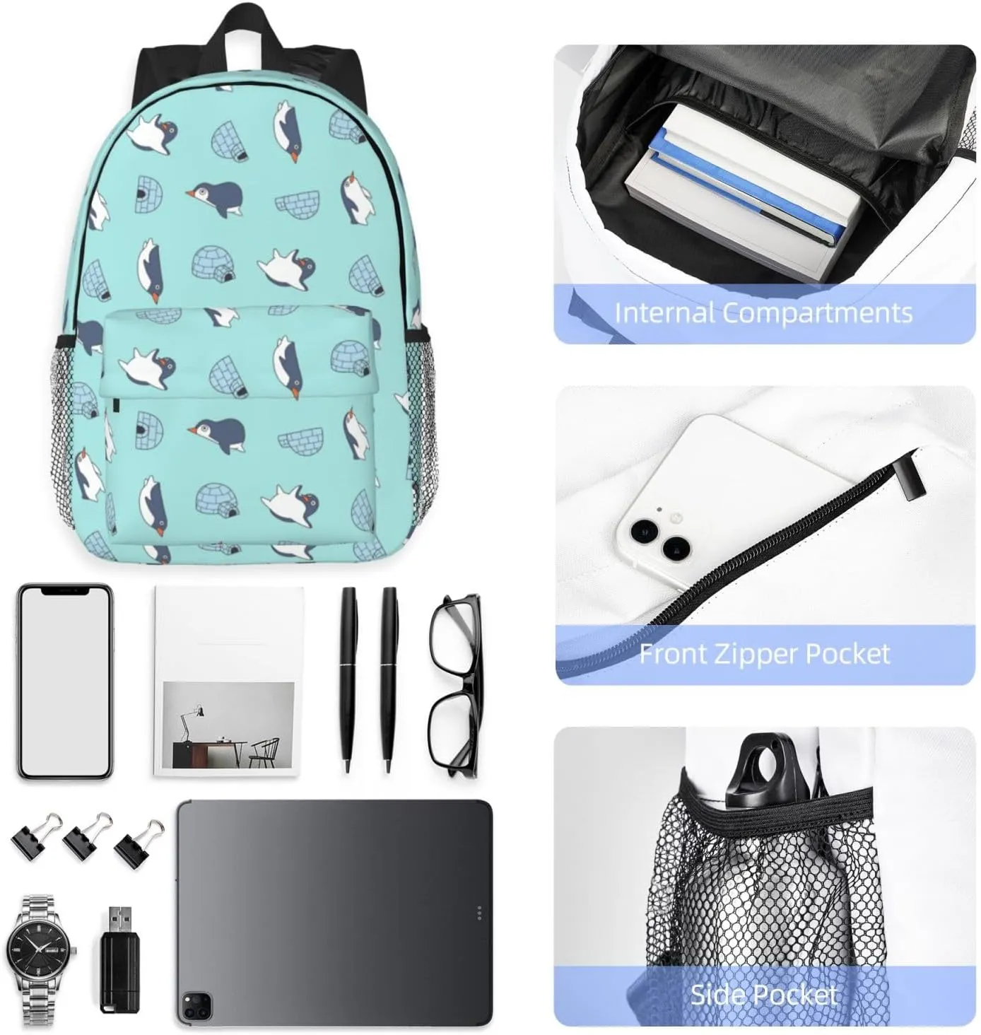 Women's fashionable travel backpacks, computer bags (Blue bottom color Penguin)