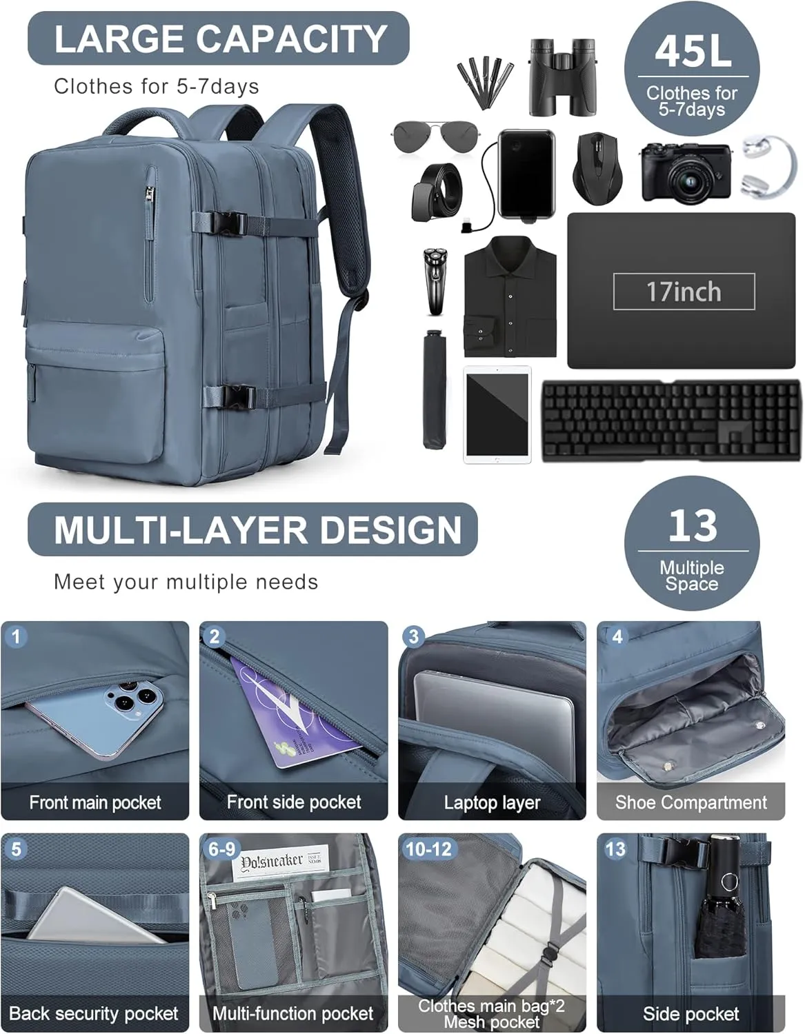 WONHOX Large Travel Backpack Carry on Flight Approved Laptop Work Business Backpack for Women Men Mochila de Viaje