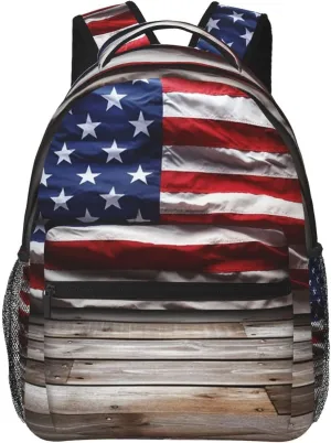 Wooden Floor American Flag Backpack for Men Women Casual Daypack Laptop Backpack Computer Bag Travel Laptop Bag