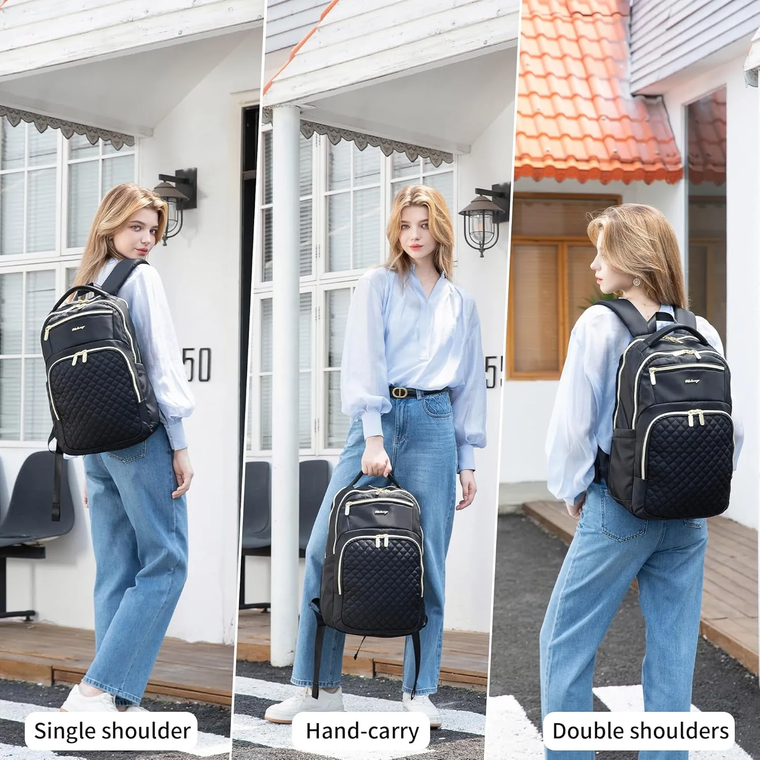 Wotony 15.6inch large capacity Laptop Backpack Purse for Women, 17inch Work Travel Computer Bags (Black/Gold, 15.6Inch)