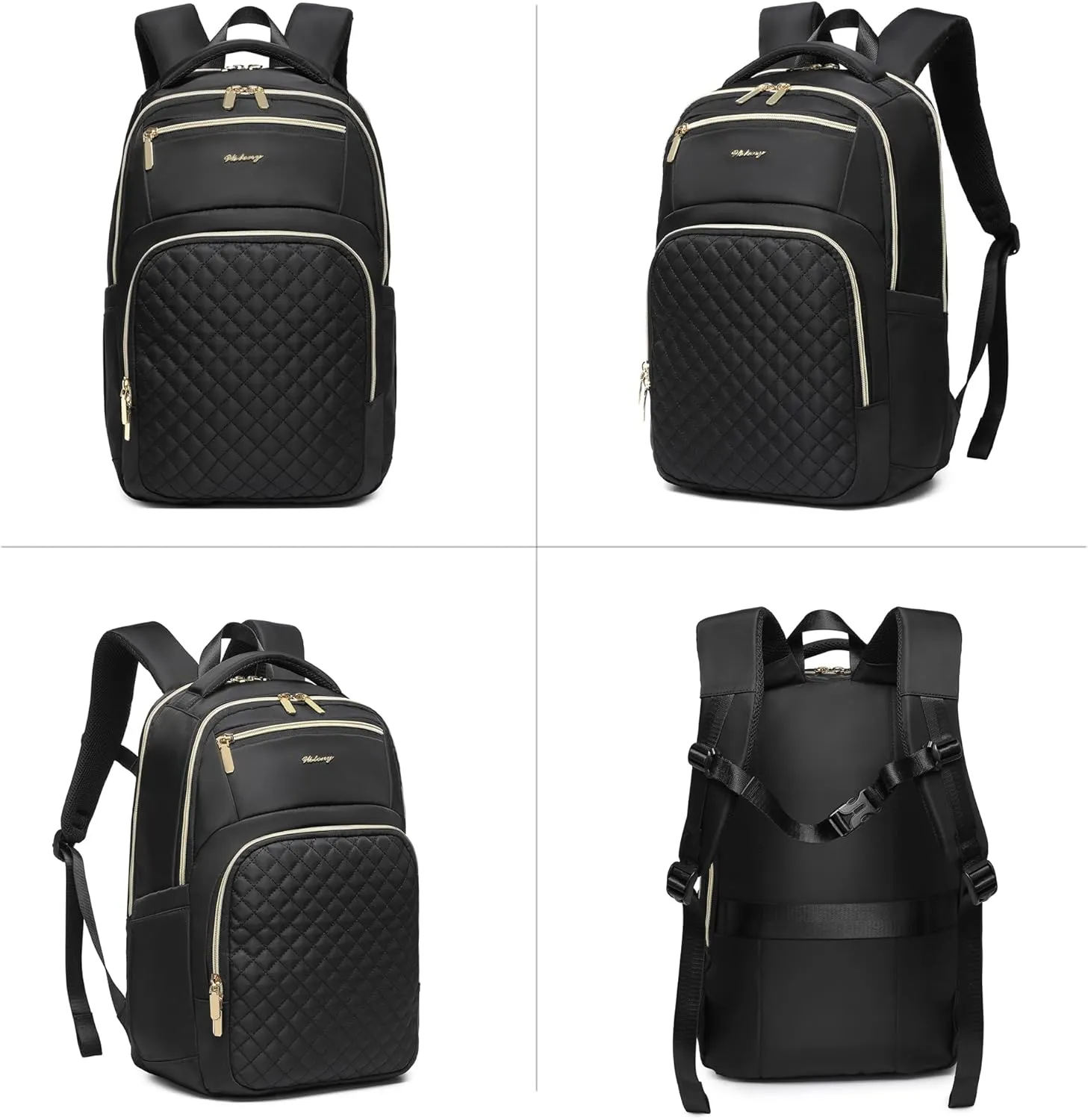 Wotony 15.6inch large capacity Laptop Backpack Purse for Women, 17inch Work Travel Computer Bags (Black/Gold, 15.6Inch)