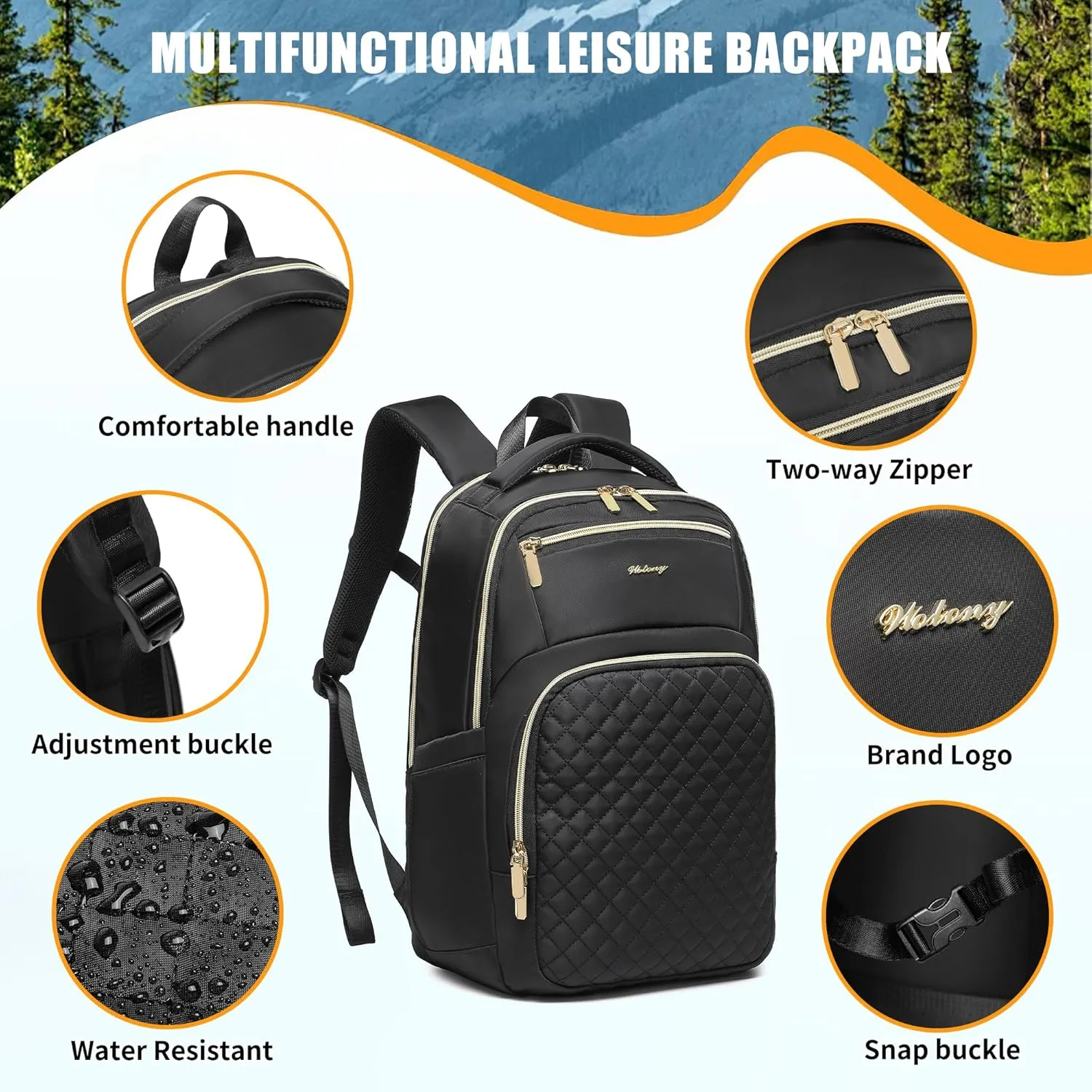 Wotony 15.6inch large capacity Laptop Backpack Purse for Women, 17inch Work Travel Computer Bags (Black/Gold, 15.6Inch)