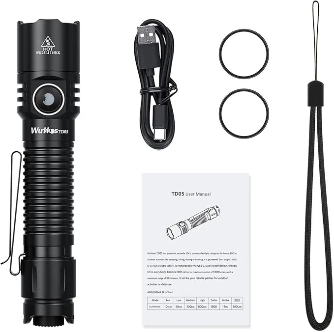 Wurkkos TD05 Rechargeable Flashlights USB C, Max 1800Lumen Tactical Led Flashlight Dual Switch Design, 373M Long Range EDC Flashlight, IP68 Waterproof Flashlight for Indoor Outdoor Usage