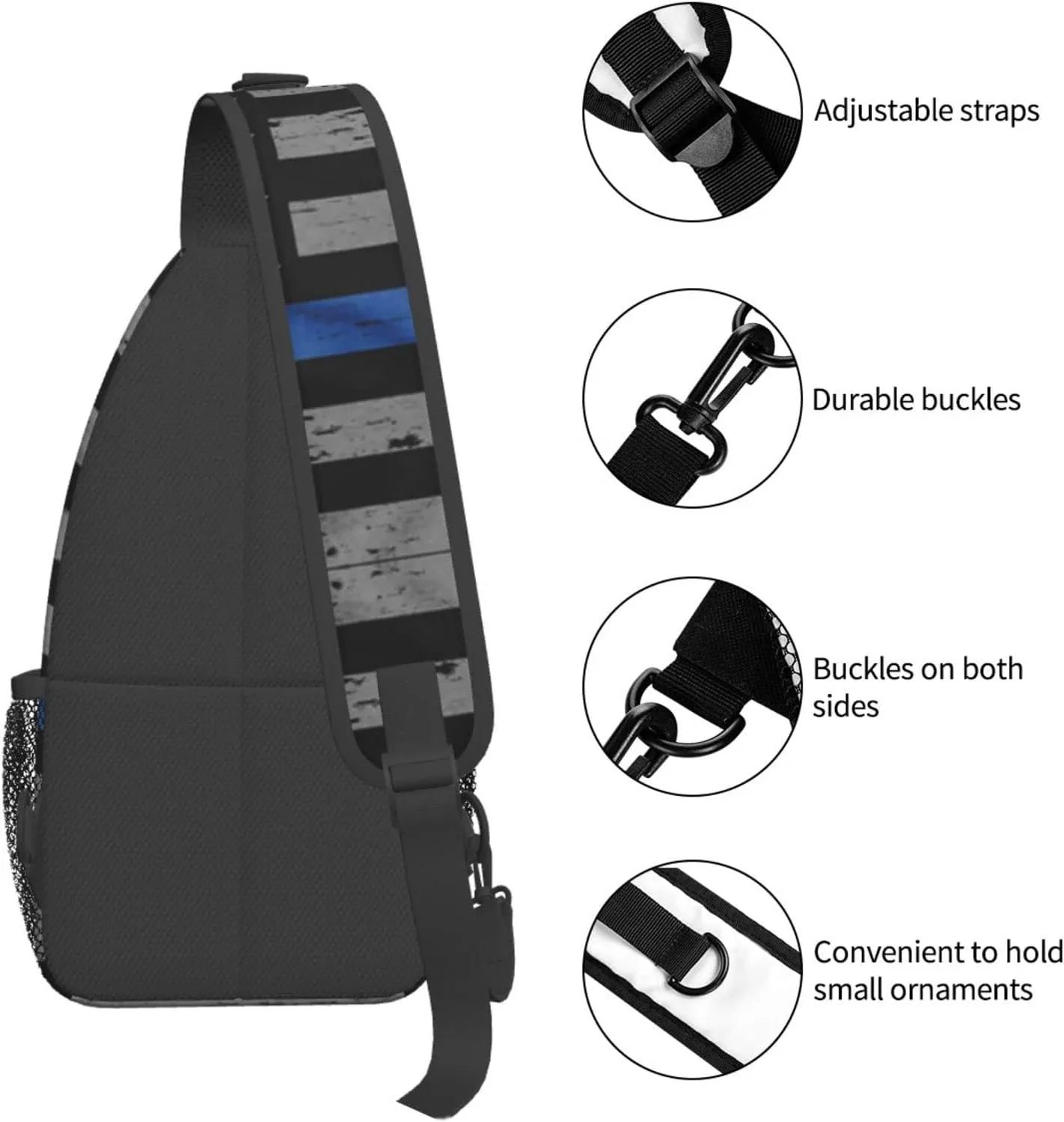 WURTON American Thin Blue Line Flag Print Crossbody Backpack Shoulder Bag Cross Chest Bag For Travel, Hiking Gym Tactical Use