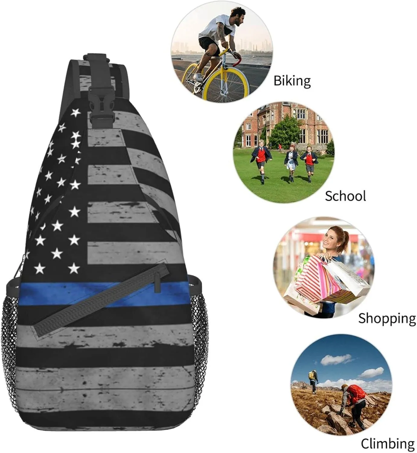WURTON American Thin Blue Line Flag Print Crossbody Backpack Shoulder Bag Cross Chest Bag For Travel, Hiking Gym Tactical Use