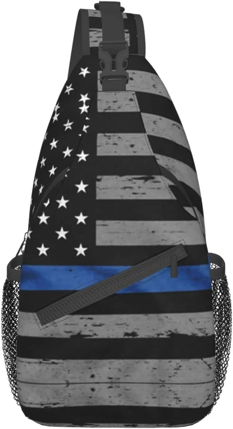 WURTON American Thin Blue Line Flag Print Crossbody Backpack Shoulder Bag Cross Chest Bag For Travel, Hiking Gym Tactical Use