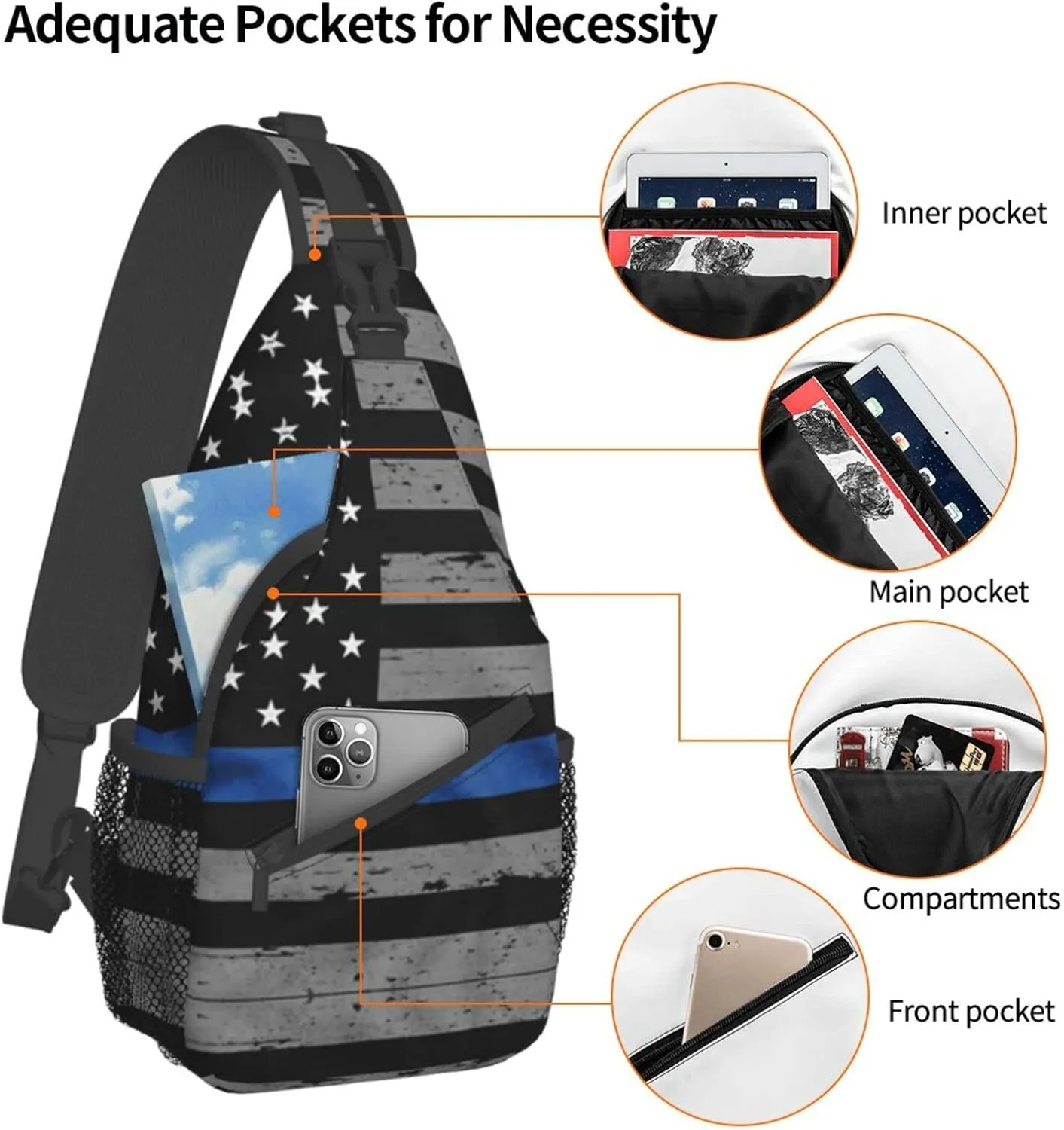 WURTON American Thin Blue Line Flag Print Crossbody Backpack Shoulder Bag Cross Chest Bag For Travel, Hiking Gym Tactical Use