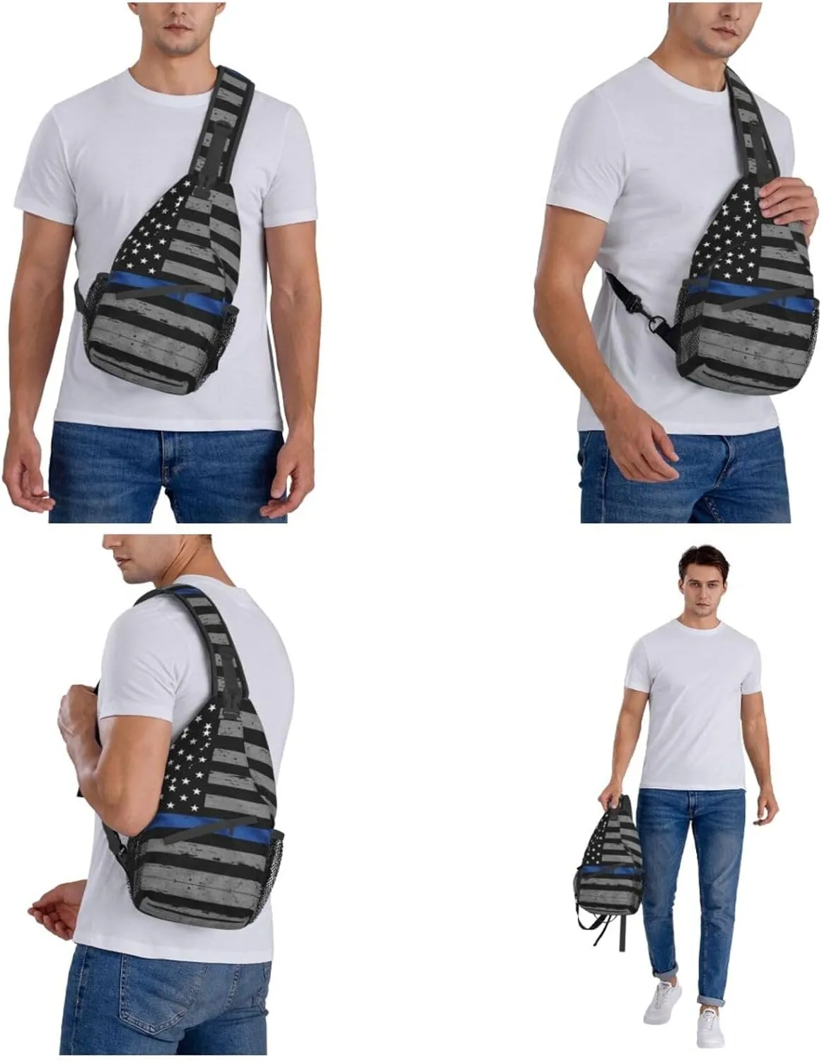 WURTON American Thin Blue Line Flag Print Crossbody Backpack Shoulder Bag Cross Chest Bag For Travel, Hiking Gym Tactical Use