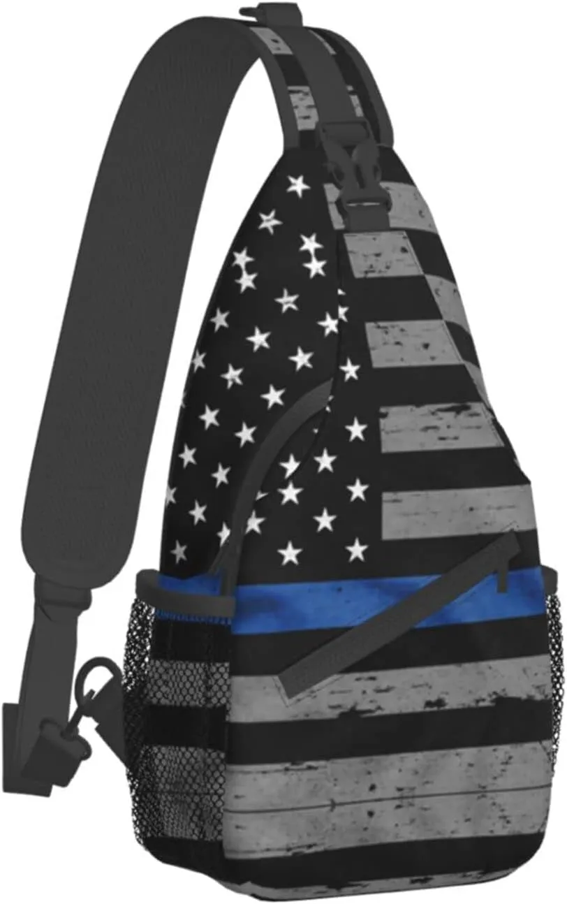 WURTON American Thin Blue Line Flag Print Crossbody Backpack Shoulder Bag Cross Chest Bag For Travel, Hiking Gym Tactical Use