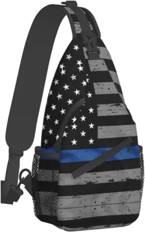 WURTON American Thin Blue Line Flag Print Crossbody Backpack Shoulder Bag Cross Chest Bag For Travel, Hiking Gym Tactical Use