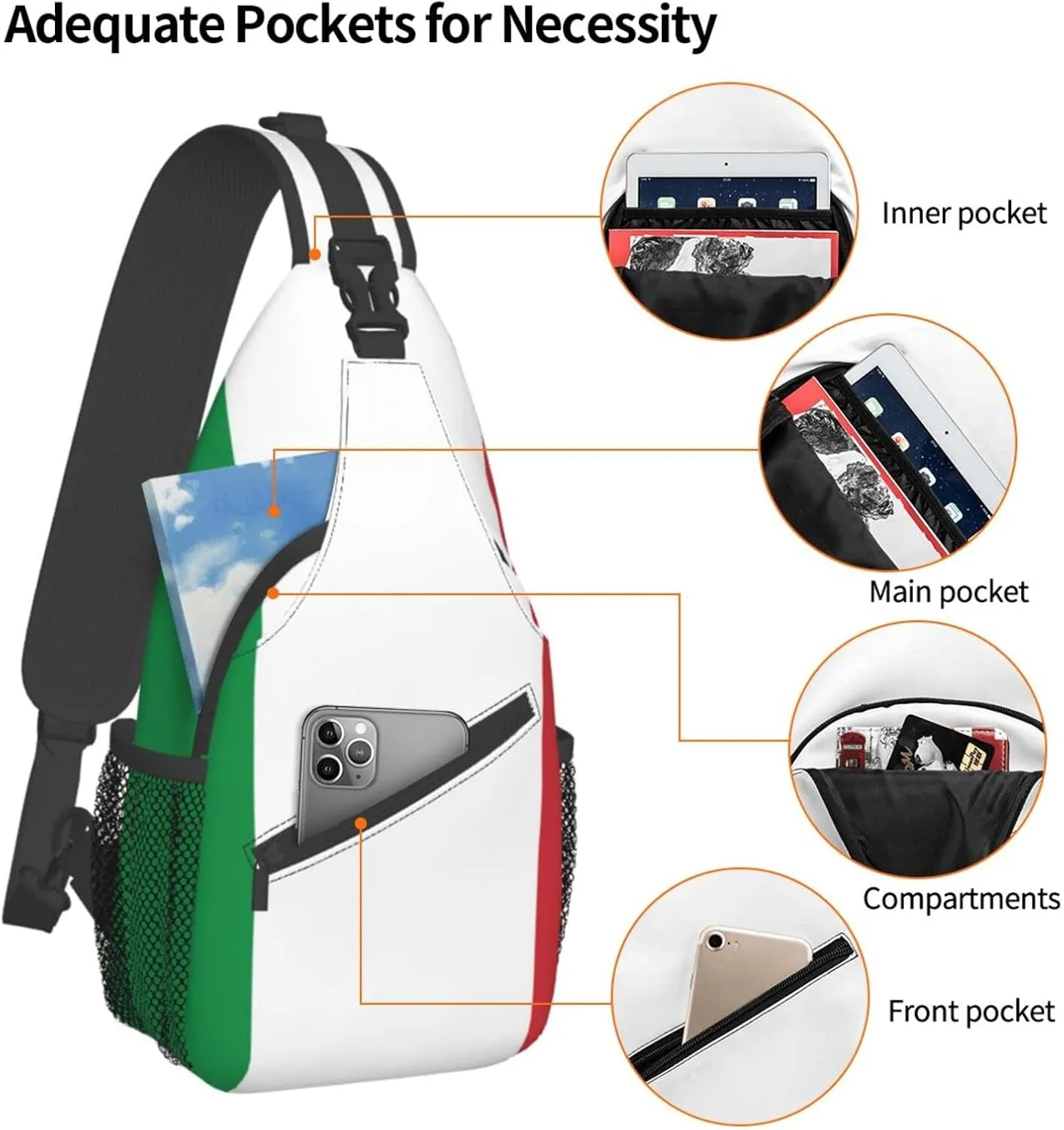 WURTON Italy Flag Print Crossbody Backpack Shoulder Bag Cross Chest Bag For Travel, Hiking Gym Tactical Use