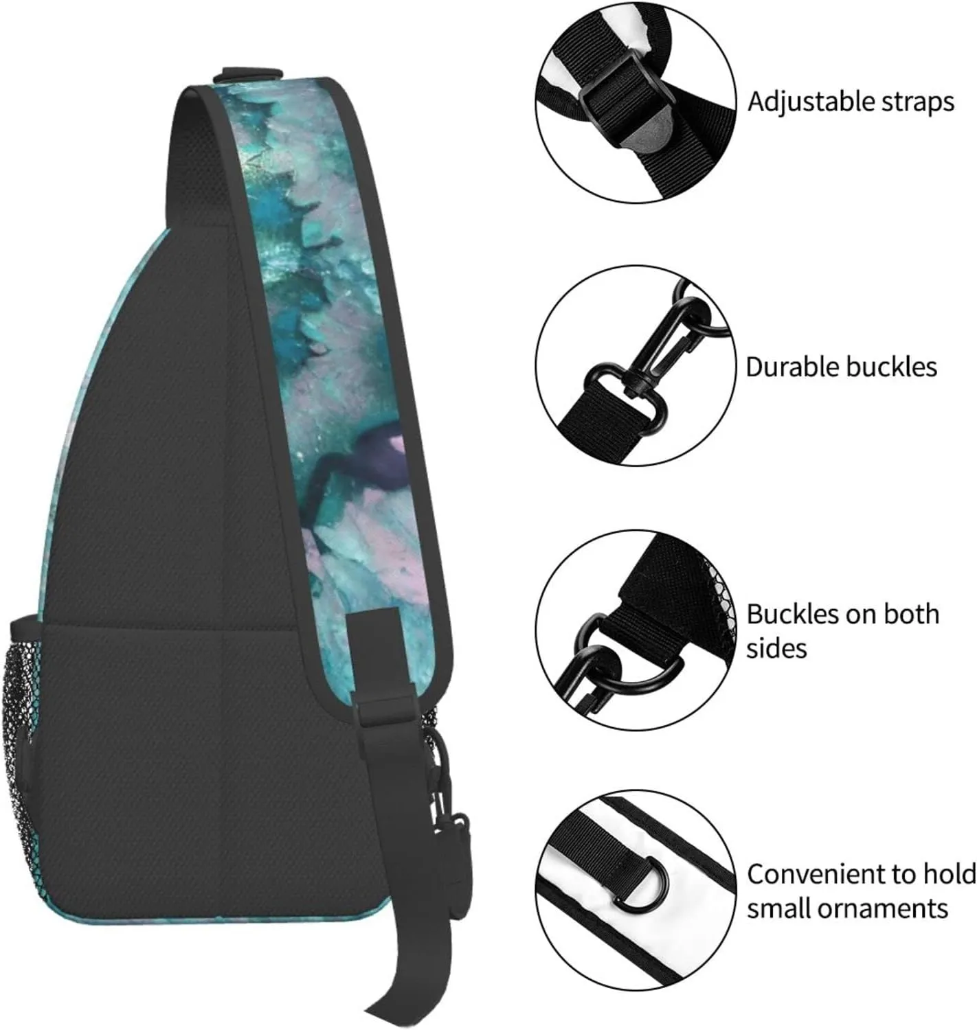 WURTON Teal Agate Print Crossbody Backpack Shoulder Bag Cross Chest Bag For Travel, Hiking Gym Tactical Use