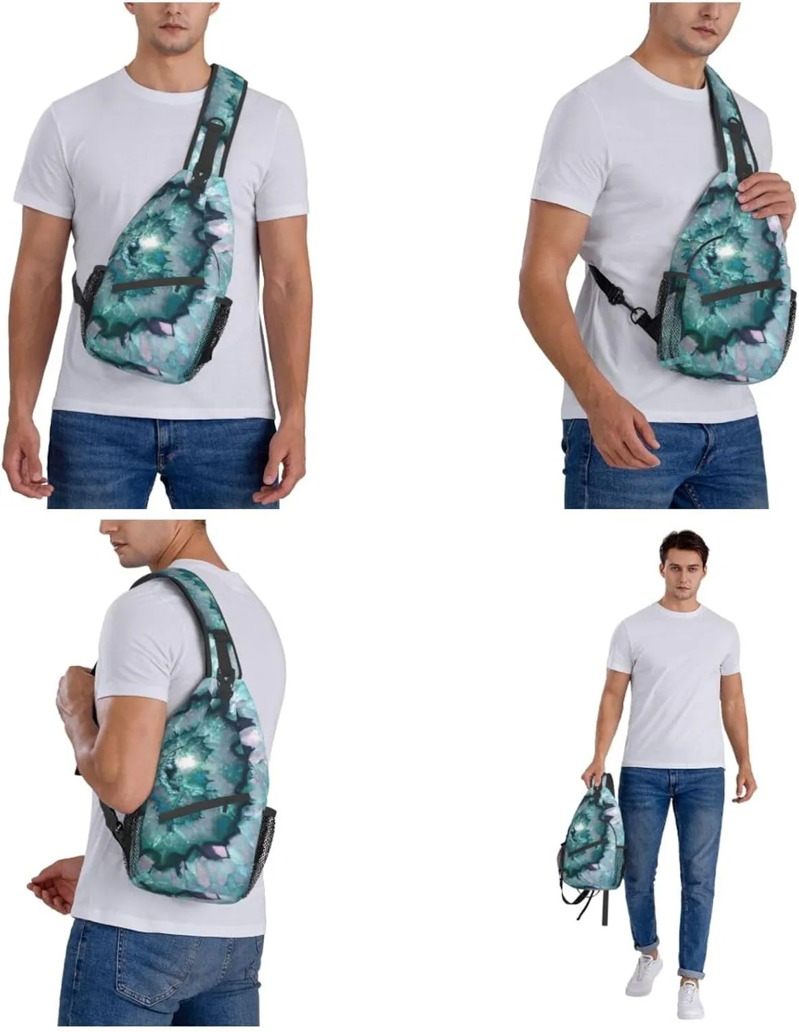 WURTON Teal Agate Print Crossbody Backpack Shoulder Bag Cross Chest Bag For Travel, Hiking Gym Tactical Use