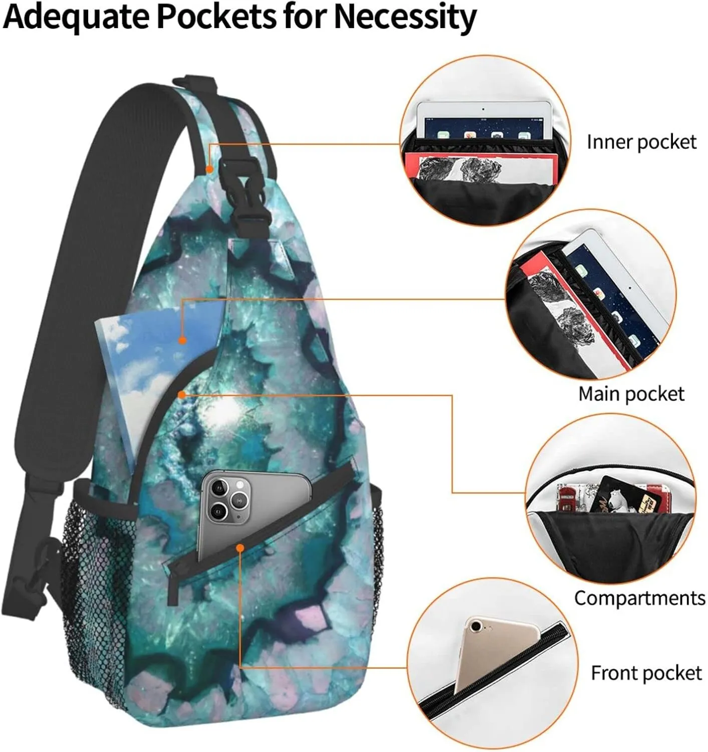WURTON Teal Agate Print Crossbody Backpack Shoulder Bag Cross Chest Bag For Travel, Hiking Gym Tactical Use