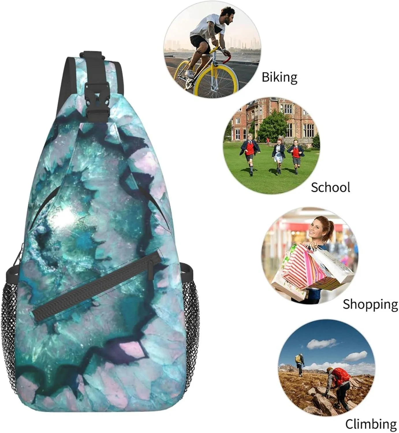 WURTON Teal Agate Print Crossbody Backpack Shoulder Bag Cross Chest Bag For Travel, Hiking Gym Tactical Use