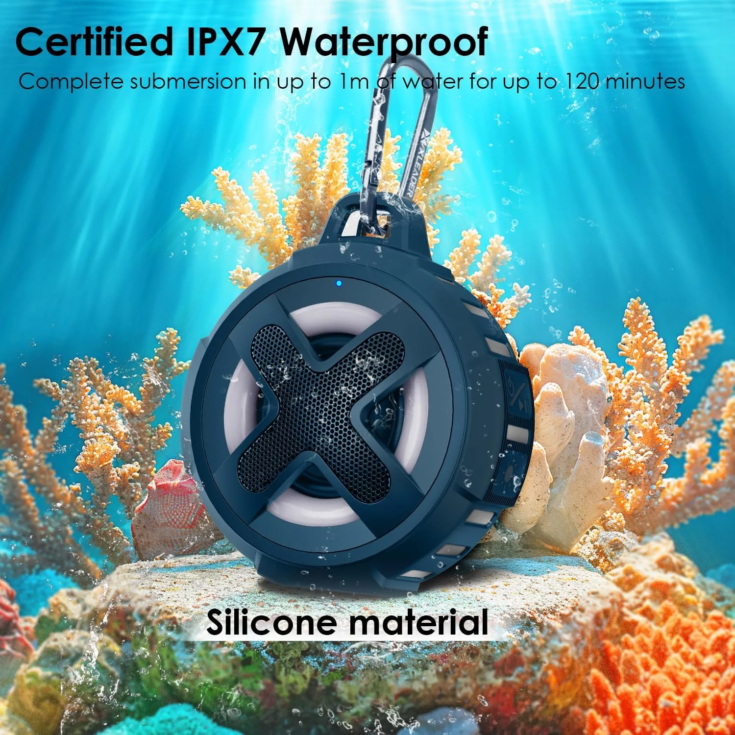 XLEADER Small Portable Bluetooth Speaker, Certified IPX7 Waterproof Floating Shower Pool Beach Speaker with Lights, Clip, Microphone, Bassup, 2000mAh, Kayaking Boat Golf Accessories, Gifts, Sea Blue