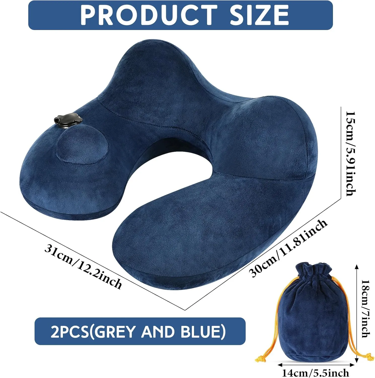 Xtinmee 2Pcs Self-Inflatable Pillow Soft Airplane Travel Pillow with Compact Bag for Long Flight Neck Cushion for Head Support Car Home Office 12.2x11.81x5.91in(Gray, Blue)